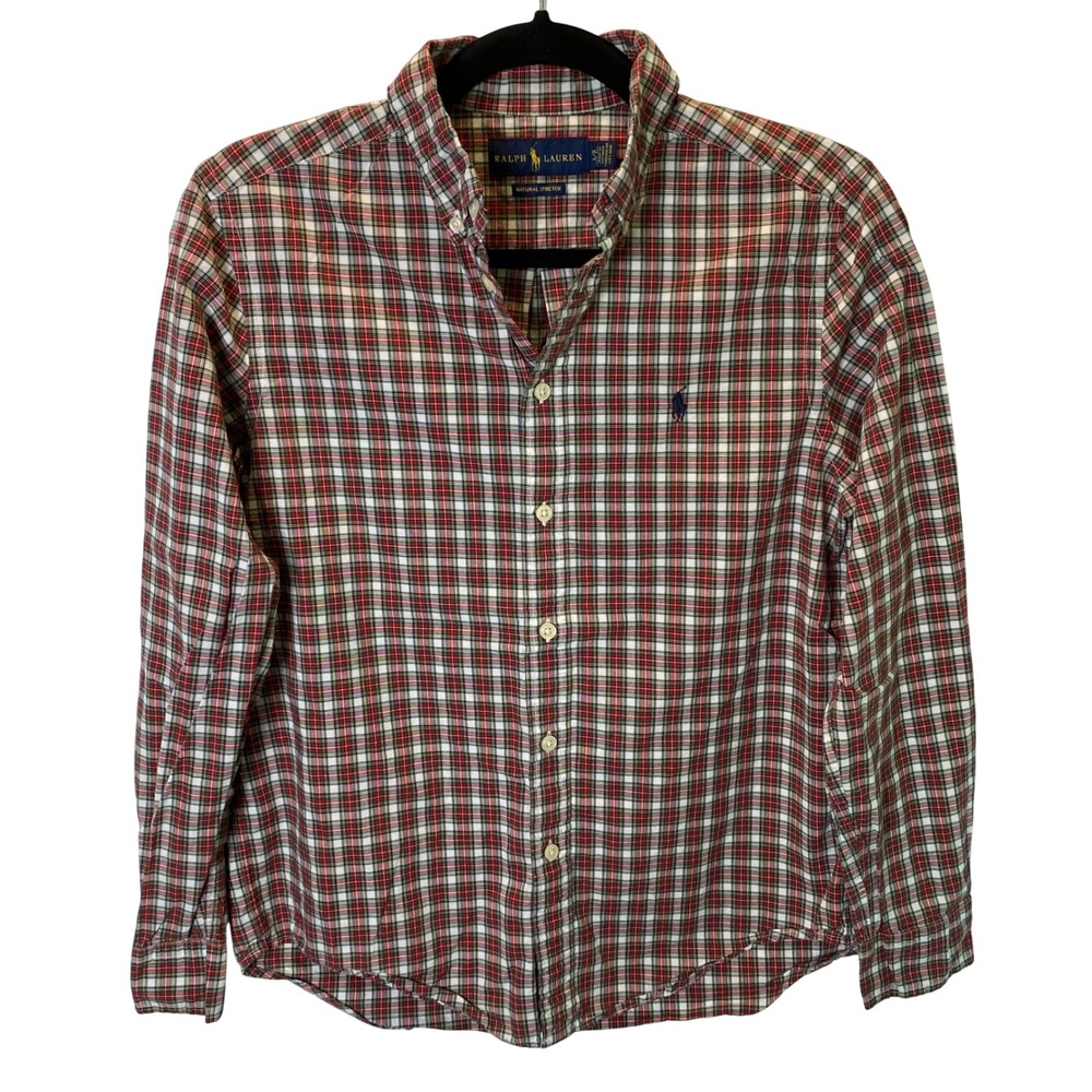 Ralph Lauren Button Down Shirt Boy L 14-16 Red Plaid Natural Stretch Long Sleeve